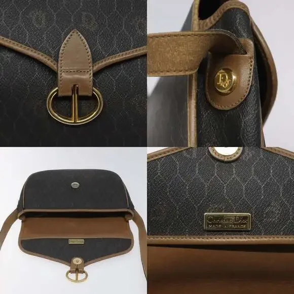 DIOR Honeycomb Canvas Shoulder Bag Pvc Black Brown Gold